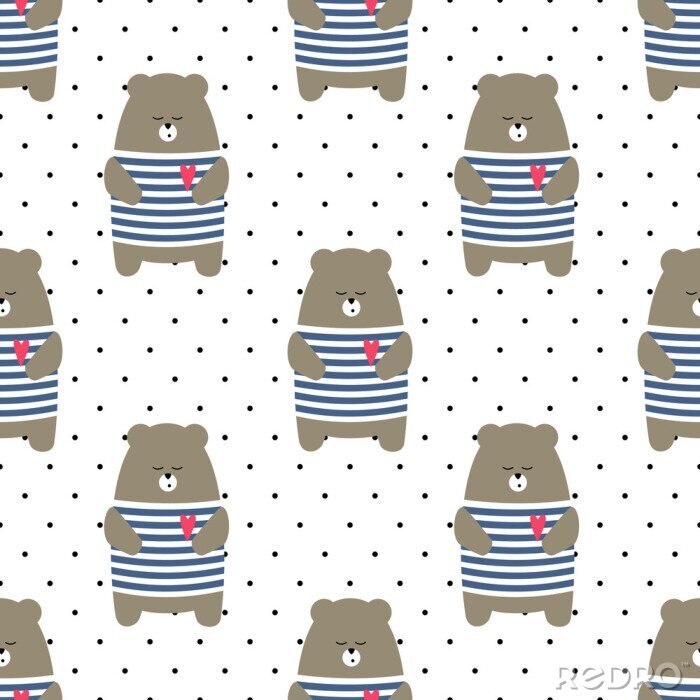 Tapete Cute tragen nahtlose Muster auf Polka Dots Hintergrund. Cartoon parisian Teddybär-Vektor-Illustration. Kind Zeichnung Stil Tier Hintergrund. Design für Stoff, Textil etc.