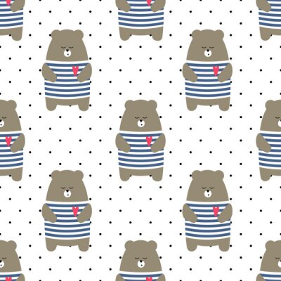 Tapete Cute tragen nahtlose Muster auf Polka Dots Hintergrund. Cartoon parisian Teddybär-Vektor-Illustration. Kind Zeichnung Stil Tier Hintergrund. Design für Stoff, Textil etc.