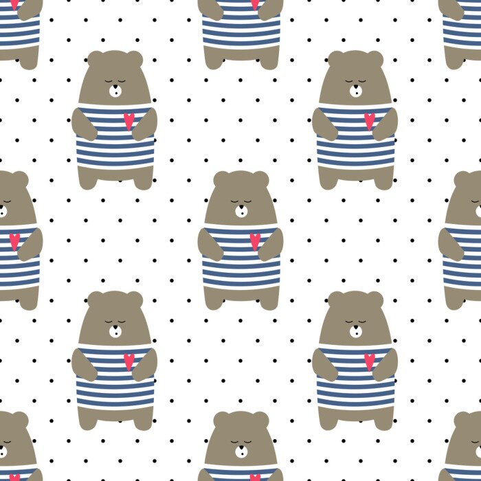Tapete Cute tragen nahtlose Muster auf Polka Dots Hintergrund. Cartoon parisian Teddybär-Vektor-Illustration. Kind Zeichnung Stil Tier Hintergrund. Design für Stoff, Textil etc.
