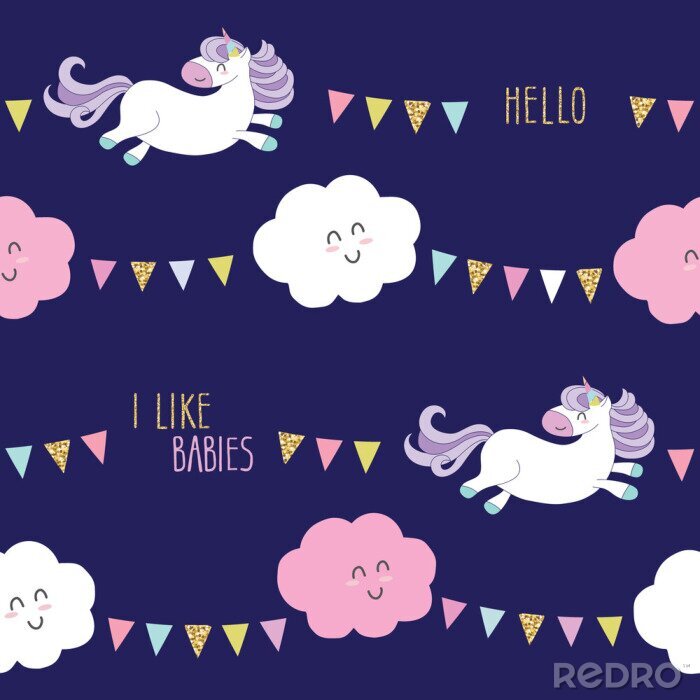Tapete Cute unicorn seamless pattern background with cartoon kawaii clouds and garlands. For kids clothes, pajamas, baby shower design.