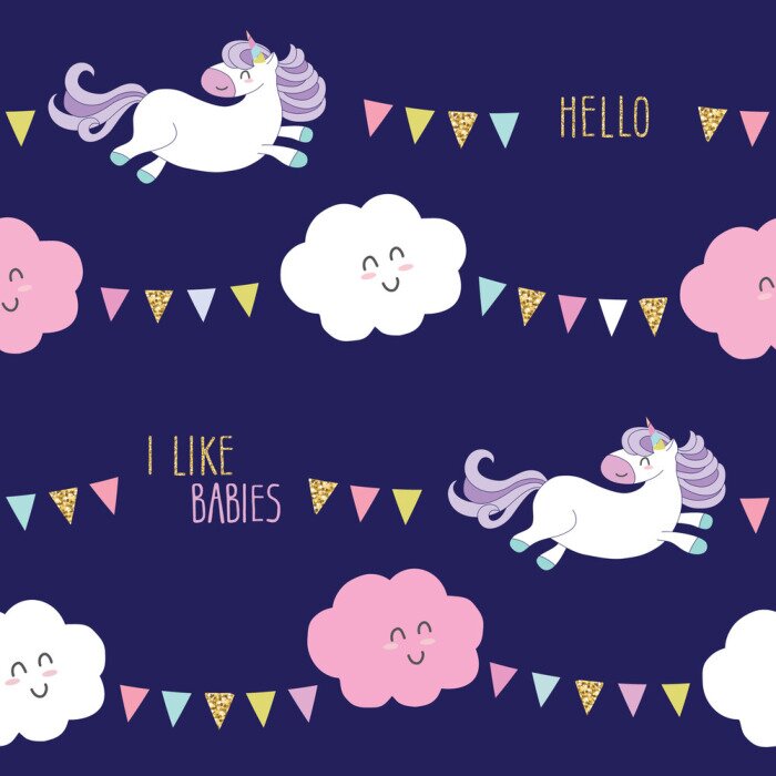 Tapete Cute unicorn seamless pattern background with cartoon kawaii clouds and garlands. For kids clothes, pajamas, baby shower design.
