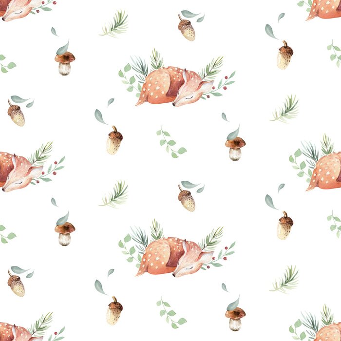 Tapete Cute watercolor baby deer animal seamless pattern, nursery isolated illustration for children clothing, patterns. Watercolor Hand drawn boho image Perfect for phone cases design, nursery posters