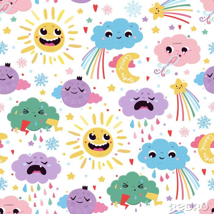 Tapete Cute weather icons. Colored vector seamless pattern