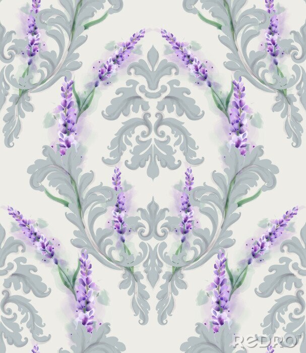 Tapete Damask ornament and lavender Vector pattern. Delicate floral decor watercolor. Spring summer texture banner templates
