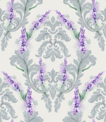 Tapete Damask ornament and lavender Vector pattern. Delicate floral decor watercolor. Spring summer texture banner templates