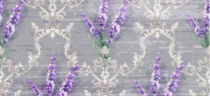 Tapete Damask ornament and lavender Vector pattern. Delicate floral decor watercolor. Spring summer texture banner templates