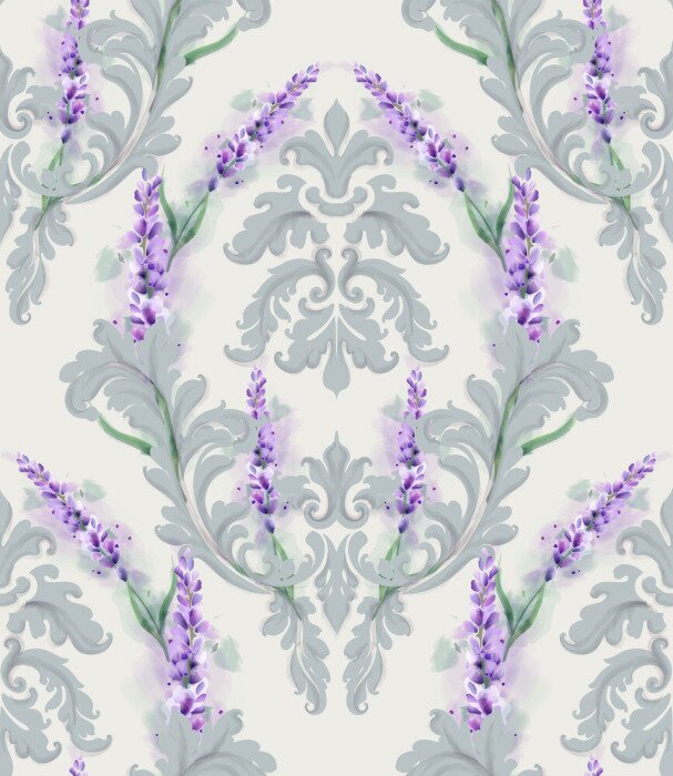 Tapete Damask ornament and lavender Vector pattern. Delicate floral decor watercolor. Spring summer texture banner templates