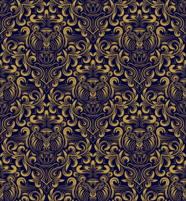 Tapete Damast nahtlose Muster wiederholen Hintergrund. Goldblaues Blumenornament im barocken Stil. Antique golden wiederholbare Tapete.