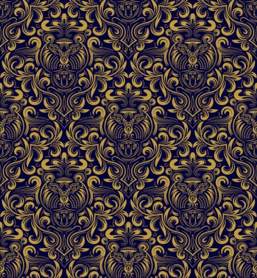 Tapete Damast nahtlose Muster wiederholen Hintergrund. Goldblaues Blumenornament im barocken Stil. Antique golden wiederholbare Tapete.