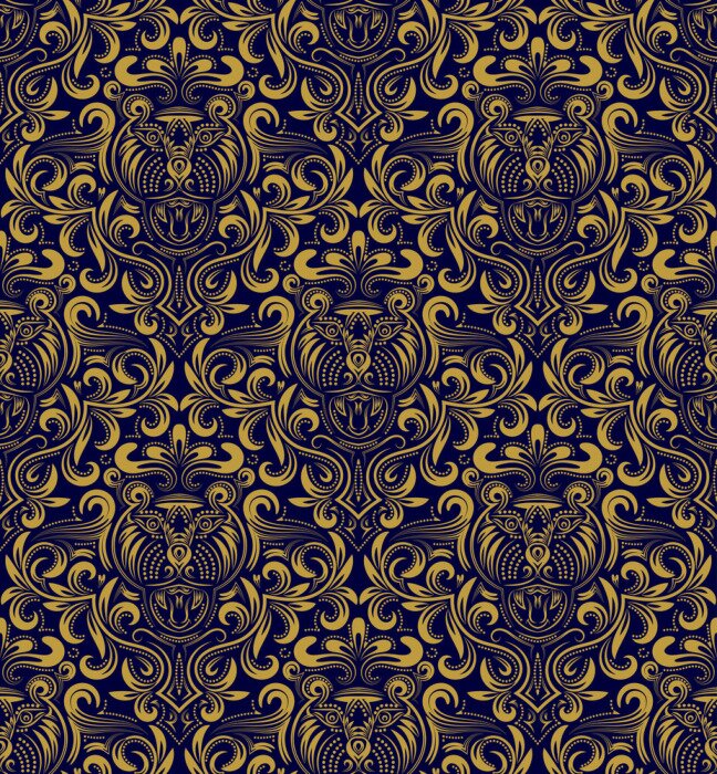 Tapete Damast nahtlose Muster wiederholen Hintergrund. Goldblaues Blumenornament im barocken Stil. Antique golden wiederholbare Tapete.