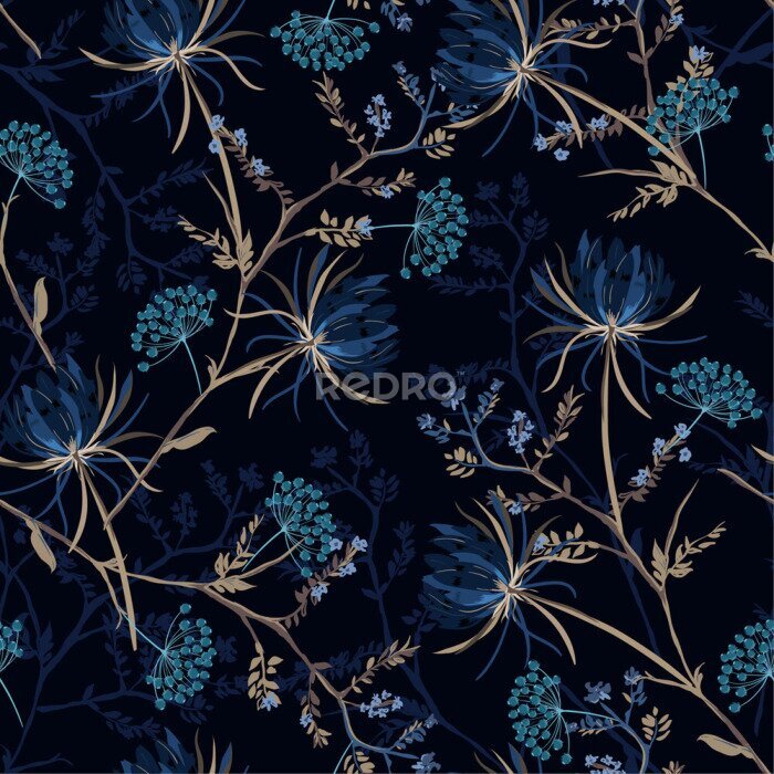 Tapete Dark garden night  monotone blue color Seamless pattern of soft and graceful oriental blooming flowers,botanical vector design for fashion,fabric,wallpaper,and all prints