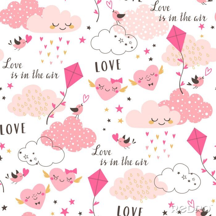 Tapete Das nahtlose Muster des netten Valentinsgrußes mit rosa Wolken, Herzen, Drachen, Vögeln und Sternen auf weißem Hintergrund.