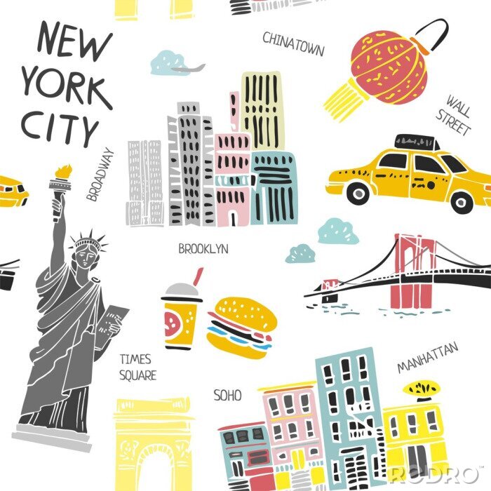 Tapete Decorative seamless pattern with new York symbols isolated on white. Background with architecture, names of attractions in the city of America for tourism, printing on Souvenirs. Vector illustration.