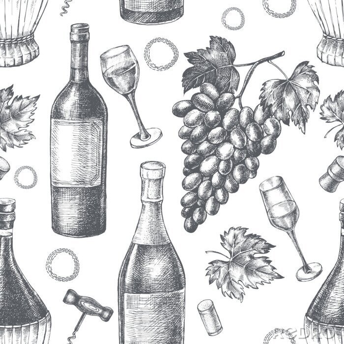 Tapete Decorative seamless pattern with wine bottles, wineglasses, a bunch of grapes. Ink hand drawn Vector illustration. Composition of drink elements for menu design.