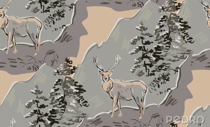 Tapete deer vector japanese chinese nature ink illustration engraved sketch traditional textured seamless pattern colorful watercolor