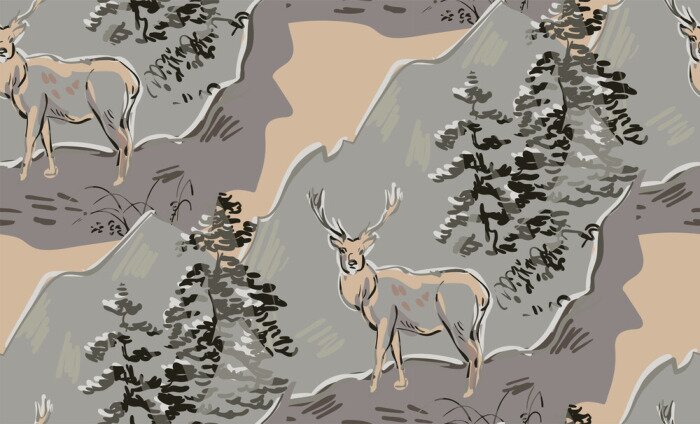 Tapete deer vector japanese chinese nature ink illustration engraved sketch traditional textured seamless pattern colorful watercolor