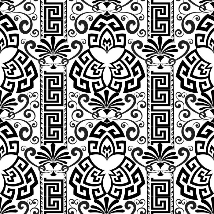 Tapete Dekoratives Schwarzweiss-griechisches nahtloses mit Blumenmuster.