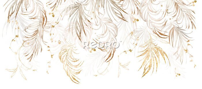 Tapete Dekoriert mit beigem Gras und Palmblättern