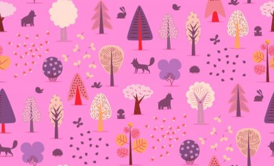 Der Vektor illustriert nahtlose Muster von flachen Wald-Elemente - verschiedene Bäume, wilde Tiere und Samen.