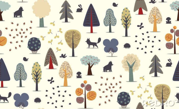 Tapete Der Vektor illustriert nahtlose Muster von flachen Wald-Elemente - verschiedene Bäume, wilde Tiere und Samen.