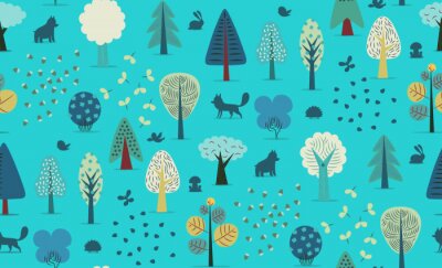 Tapete Der Vektor illustriert nahtlose Muster von flachen Wald-Elemente - verschiedene Bäume, wilde Tiere und Samen.