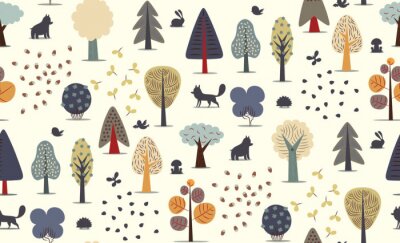 Tapete Der Vektor illustriert nahtlose Muster von flachen Wald-Elemente - verschiedene Bäume, wilde Tiere und Samen.
