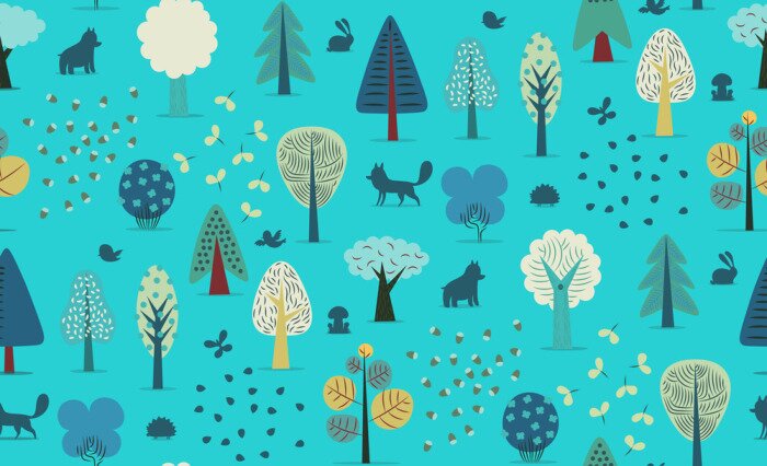 Tapete Der Vektor illustriert nahtlose Muster von flachen Wald-Elemente - verschiedene Bäume, wilde Tiere und Samen.