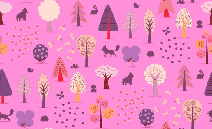 Tapete Der Vektor illustriert nahtlose Muster von flachen Wald-Elemente - verschiedene Bäume, wilde Tiere und Samen.