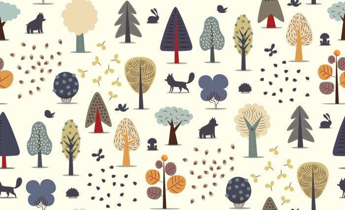 Tapete Der Vektor illustriert nahtlose Muster von flachen Wald-Elemente - verschiedene Bäume, wilde Tiere und Samen.