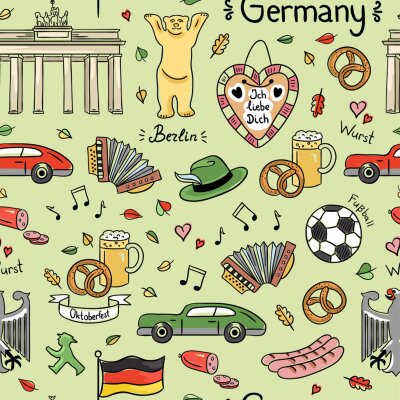 Deutschland Symbole Vektor nahtlose Muster. Farbe Hintergrund mit niedlichen Hand gezeichnet Deutschland Elemente