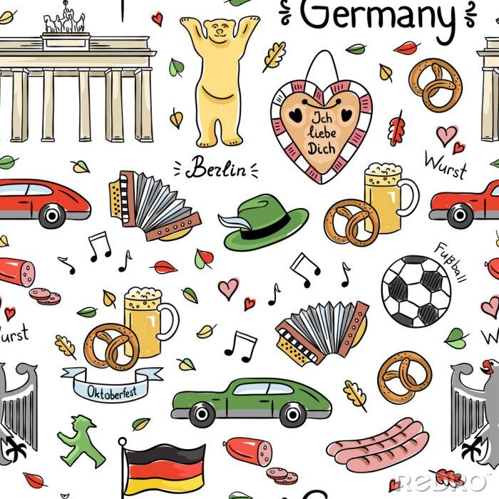 Tapete Deutschland Symbole Vektor nahtlose Muster. Hintergrund mit süßen Hand gezeichnet Deutschland Elemente