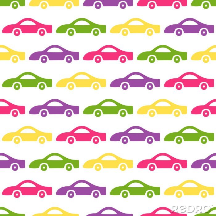 Tapete Doodle Autos Hintergrund. Nahtloses Babymuster im Vektor. Textur für Tapeten, Füllungen, Webseitenhintergrund