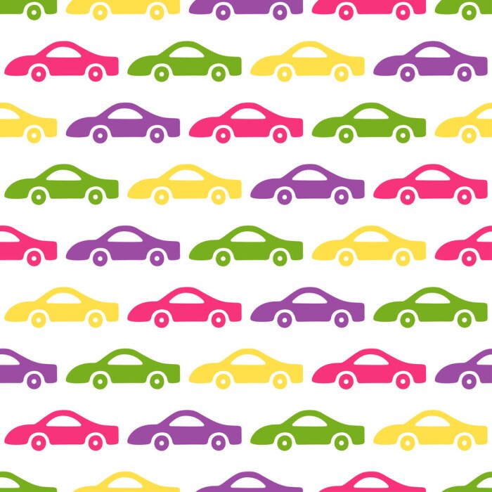 Tapete Doodle Autos Hintergrund. Nahtloses Babymuster im Vektor. Textur für Tapeten, Füllungen, Webseitenhintergrund