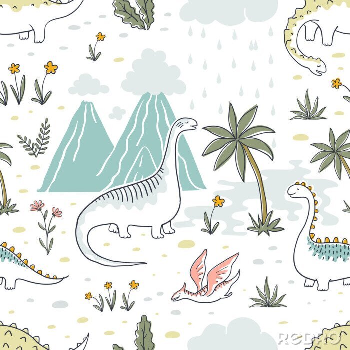 Tapete Doodle dinosaur pattern. Seamless textile dragon print, trendy childish fabric background, cartoon dinosaurs. Vector graphic background sketch