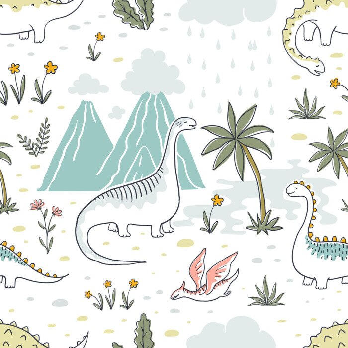 Tapete Doodle dinosaur pattern. Seamless textile dragon print, trendy childish fabric background, cartoon dinosaurs. Vector graphic background sketch
