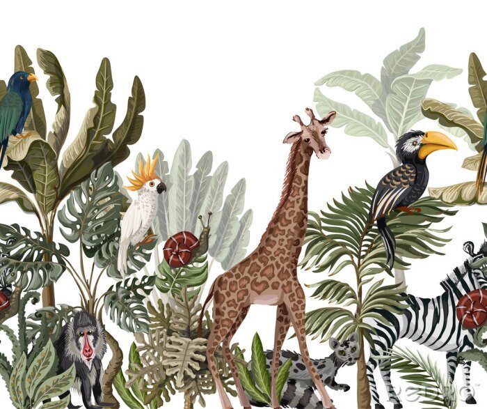 Tapete Dschungel Giraffe und andere Tiere