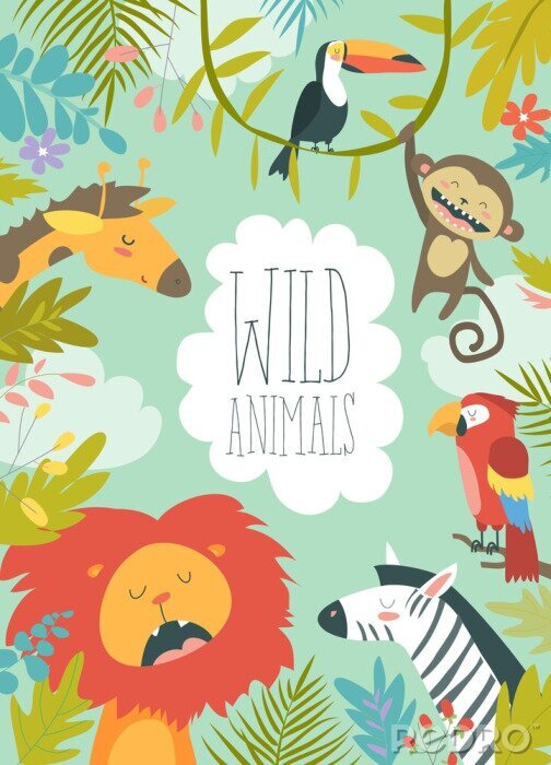 Tapete Dschungel und Tiere in der Märchenillustration