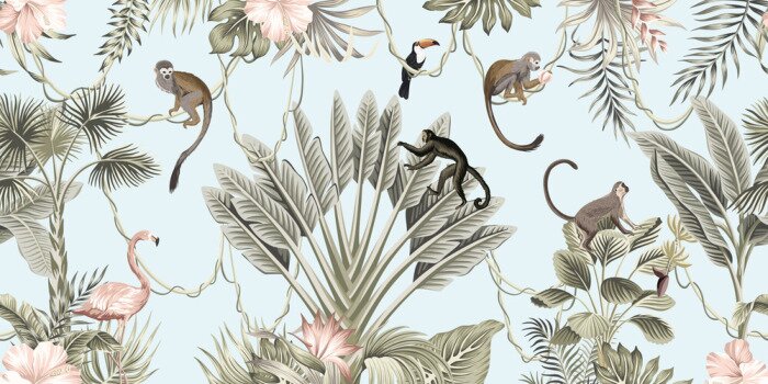 Tapete Dschungeltiere Affe, Nashörner