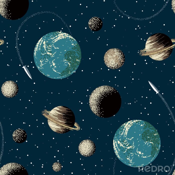 Tapete Earth, Saturn, planets and rocket in space. Seamless pattern