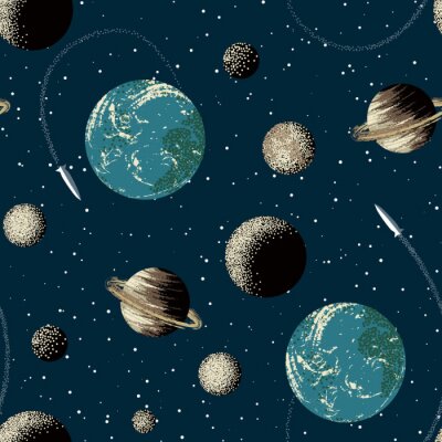 Tapete Earth, Saturn, planets and rocket in space. Seamless pattern