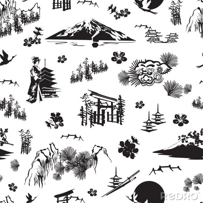 Tapete Ein nahtloses Muster mit Miniaturen, die Japan symbolisieren. Sakura, Kimono, Kiefern, Fuji, Torii, Laternen und andere
