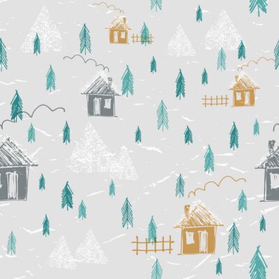 Tapete Einfache Hand gezeichnet Wald im Winter nahtlose Muster. Häuser, Berge, Kiefern und Schnee. Silhouette Muster. Netter kindlicher Stil.