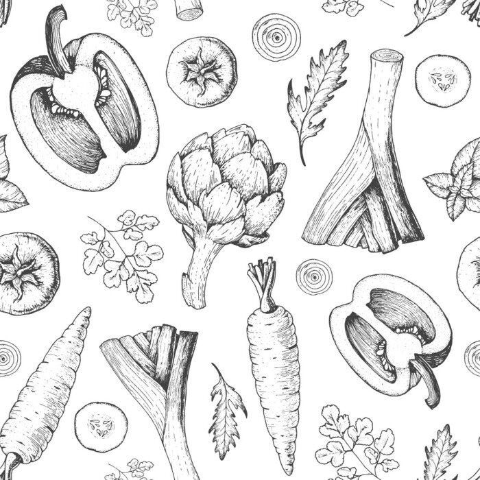 Tapete Einfarbiges Gemüse im Ganzen und in Stücken