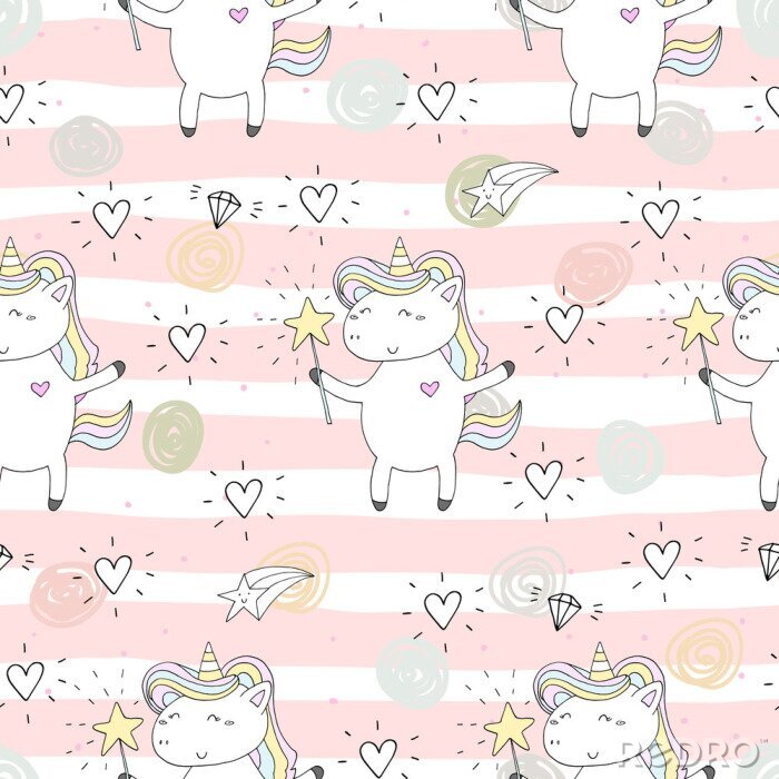Tapete Einhörner auf gestreiftem Hintergrund