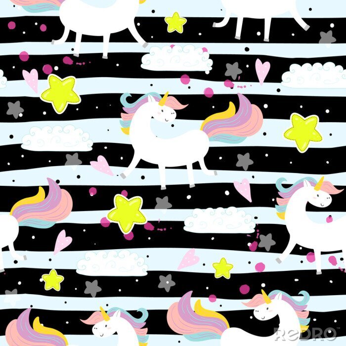 Tapete Einhörner auf schwarz-weiß gestreiftem Hintergrund