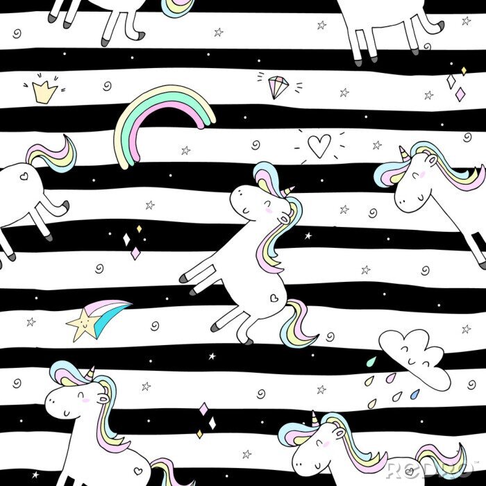 Tapete Einhörner auf schwarz-weißem Hintergrund