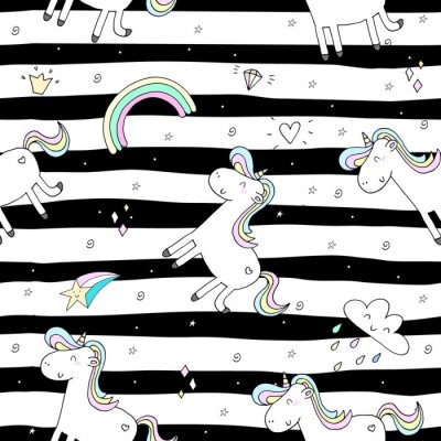 Tapete Einhörner auf schwarz-weißem Hintergrund