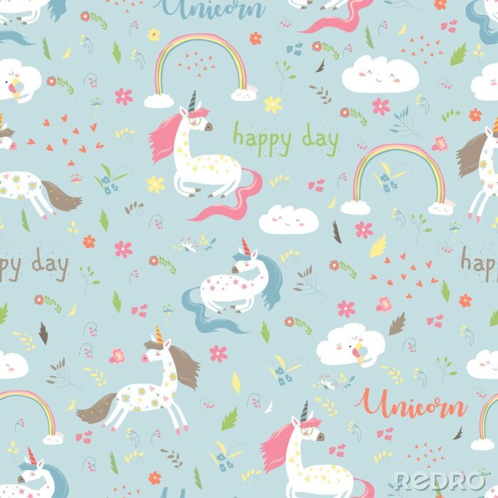 Tapete Einhörner Blümchen Regenbögen