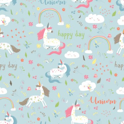 Tapete Einhörner Blümchen Regenbögen