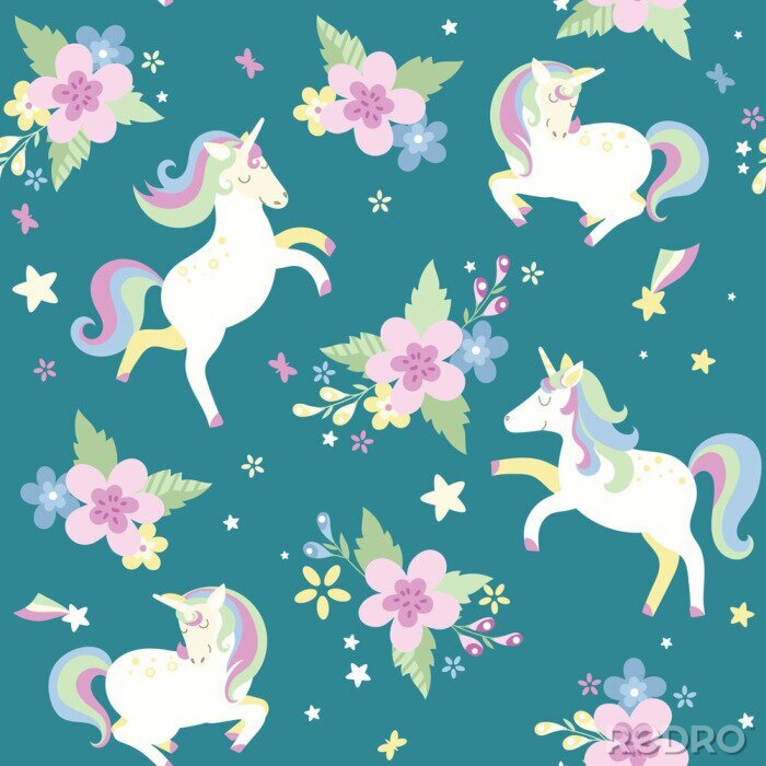 Tapete Einhörner und Blumenarrangements